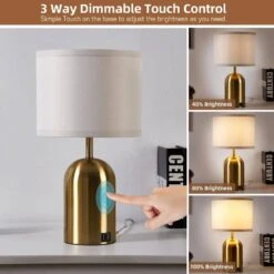 18 In. Modern Touch Control Table Lamps (Set Of 2), W/ 2-USB Ports, 3-Way Dimmable Gold Nightstand Lamp W/ Fabric Shade -Lamp Parts gold gtclighting table lamps w 2tl 74008b 31 1000