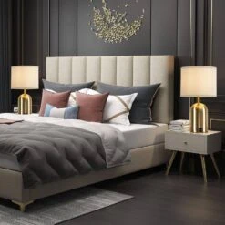 18 In. Modern Touch Control Table Lamps (Set Of 2), W/ 2-USB Ports, 3-Way Dimmable Gold Nightstand Lamp W/ Fabric Shade