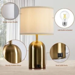 18 In. Modern Touch Control Table Lamps (Set Of 2), W/ 2-USB Ports, 3-Way Dimmable Gold Nightstand Lamp W/ Fabric Shade -Lamp Parts gold gtclighting table lamps w 2tl 74008b 77 1000