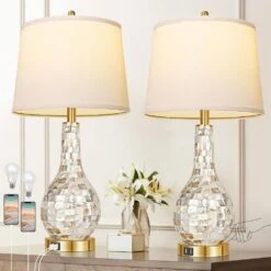 Set Of 2 Gold Shell Pearl Tile Table Lamps, Modern Coastal Bedside Lamp With USB Port, 3-Way Touch Control (2700K LED)