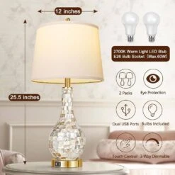 Set Of 2 Gold Shell Pearl Tile Table Lamps, Modern Coastal Bedside Lamp With USB Port, 3-Way Touch Control (2700K LED) -Lamp Parts gold jushua desk lamps ct zy p272359 c3 1000