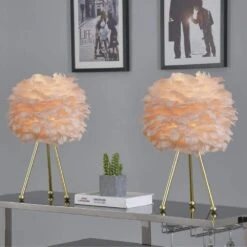 19 In. Gold Tripod Modern Pink Bedroom Living Room Bedside Desk Nightstand Small Table Lamps (Set Of 2) -Lamp Parts gold maxax table lamps t21 pk fa 1000