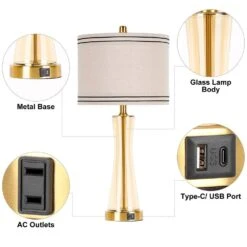 27.4in.Golden Glass Table Lamps Set (Set Of 2) With USB Ports 3-Way Dimmable Touch Control Nightstand Lamp -Lamp Parts gold table lamps xmybltdjs 4f 1000