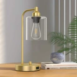 14 In. Industrial Gold Table Lamp With Glass Shade For Bedrooms Bedside Lamps With USB Port And Outlet (Bulb Included)