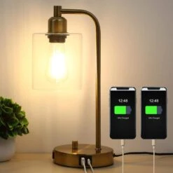 14 In. Industrial Gold Table Lamp With Glass Shade For Bedrooms Bedside Lamps With USB Port And Outlet (Bulb Included) -Lamp Parts gold tozing table lamps tl t08 bg 66 1000