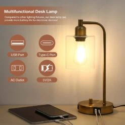 14 In. Industrial Gold Table Lamp With Glass Shade For Bedrooms Bedside Lamps With USB Port And Outlet (Bulb Included) -Lamp Parts gold tozing table lamps tl t08 bg 77 1000