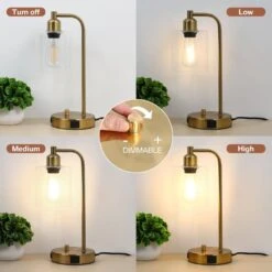 14 In. Industrial Gold Table Lamp With Glass Shade For Bedrooms Bedside Lamps With USB Port And Outlet (Bulb Included) -Lamp Parts gold tozing table lamps tl t08 bg c3 1000