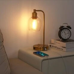 15 In. Industrial Gold Table Lamp With Glass Shade For Bedrooms Bedside Lamps With USB Port And Outlet (Bulb Included) -Lamp Parts gold tozing table lamps tl t10 bg 1d 1000