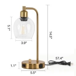 15 In. Industrial Gold Table Lamp With Glass Shade For Bedrooms Bedside Lamps With USB Port And Outlet (Bulb Included) -Lamp Parts gold tozing table lamps tl t10 bg 1f 1000