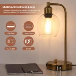 15 In. Industrial Gold Table Lamp With Glass Shade For Bedrooms Bedside Lamps With USB Port And Outlet (Bulb Included) -Lamp Parts gold tozing table lamps tl t10 bg 66 1000