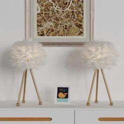 19 In. Gold Tripod Modern White Bedroom Living Room Bedside Desk Nightstand Small Table Lamps (Set Of 2) -Lamp Parts gold white maxax table lamps t21 wh c3 1000