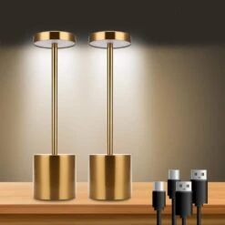 10.25 In. Gold Cordless Rechargeable Integrated LED Table Lamp, Modern Portable Stepless Brightness Desk Lamps (2-Pack)