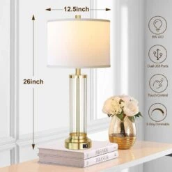 26 In. Gold Modern Table Lamp Set Of 2 Bedroom Bedside Lamps With 3-Way Dimmable USB Tall End Lamps For Living Room -Lamp Parts golden glass rottogoon table lamps qmlp108aj2 66 1000