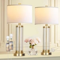 26 In. Gold Modern Table Lamp Set Of 2 Bedroom Bedside Lamps With 3-Way Dimmable USB Tall End Lamps For Living Room -Lamp Parts golden glass rottogoon table lamps qmlp108aj2 d4 1000
