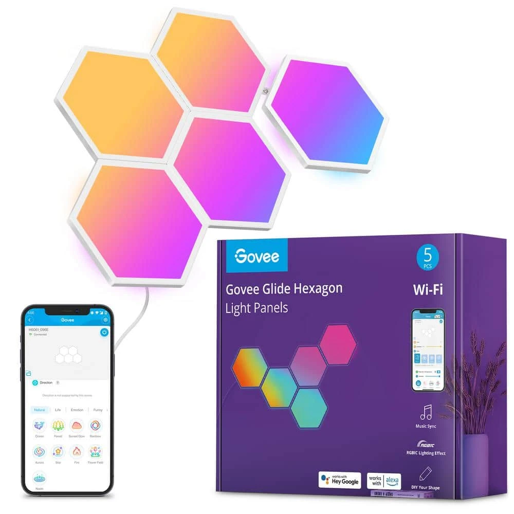 Glide Hexagon Smart Color Changing Plug-In Wi-Fi Enabled Integrated LED Light Panels (5-Piece) 4 Glide Hexagon Smart Color Changing Plug-In Wi-Fi Enabled Integrated LED Light Panels (5-Piece) - Image 2