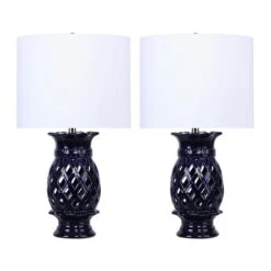 23 In. Mazarine Blue Ceramic Table Lamps With White Linen Shades (2-Pack)