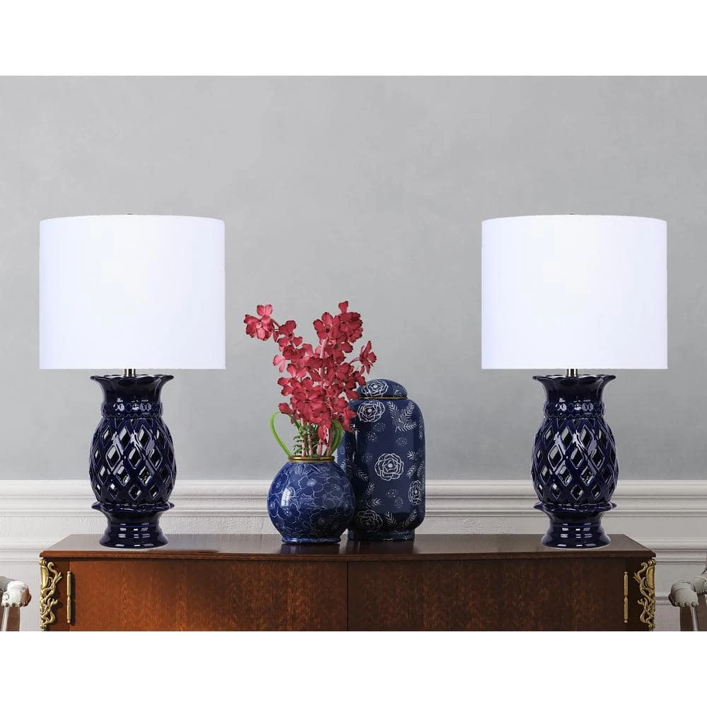 23 In. Mazarine Blue Ceramic Table Lamps With White Linen Shades (2-Pack) 4 23 In. Mazarine Blue Ceramic Table Lamps With White Linen Shades (2-Pack) - Image 2