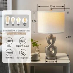 24 In. Gray Modern Dimmable Resin Bedroom Living Room Bedside Desk Nightstand Table Lamps USB Port (Set Of 2) -Lamp Parts gray maxax table lamps t189 gy 4f 1000