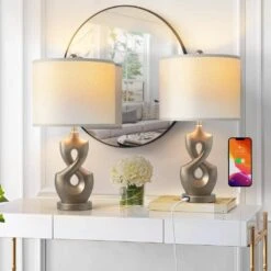 24 In. Gray Modern Dimmable Resin Bedroom Living Room Bedside Desk Nightstand Table Lamps USB Port (Set Of 2)