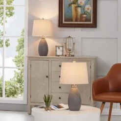 22 In. Gray Vintage Dimmable Ceramic Bedroom Living Room Bedside Desk Nightstand Table Lamps (Set Of 2) -Lamp Parts gray maxax table lamps t24 gy 44 1000