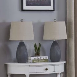 22 In. Gray Vintage Dimmable Ceramic Bedroom Living Room Bedside Desk Nightstand Table Lamps (Set Of 2)