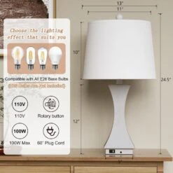 Salem 24.5 In. Gray Modern Dimmable Resin Bedroom Living Room Bedside Desk Nightstand Table Lamps Usb Port Set Of 2 -Lamp Parts gray maxax table lamps t242 gy a0 1000