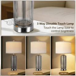 26'' Modern Grey Glass Table Lamps Set Of 2,3-Way Dimmable Bedside Lamps With USB A+C Ports& Touch Control For Bedroom -Lamp Parts gray rottogoon table lamps wtlp479ah2 1d 1000