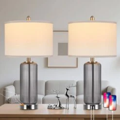 26'' Modern Grey Glass Table Lamps Set Of 2,3-Way Dimmable Bedside Lamps With USB A+C Ports& Touch Control For Bedroom -Lamp Parts gray rottogoon table lamps wtlp479ah2 e1 1000