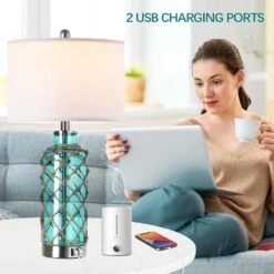 25 In. Coastal Accent Table Lamps Touch Control Blue Green Glass Rope Net Bedside Lamp With Ports Shades For Living Room -Lamp Parts green glass rottogoon table lamps palp199ag2 1d 1000