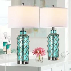 25 In. Coastal Accent Table Lamps Touch Control Blue Green Glass Rope Net Bedside Lamp With Ports Shades For Living Room -Lamp Parts green glass rottogoon table lamps palp199ag2 c3 1000