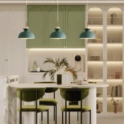Potlid Scandinavian 1-Light Dome Pendant Light Green Barn Hanging Light With Wood Accent For Kitchen Island, Restaurant -Lamp Parts green huoku pendant lights pd1064051 1d 1000