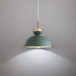Potlid Scandinavian 1-Light Dome Pendant Light Green Barn Hanging Light With Wood Accent For Kitchen Island, Restaurant -Lamp Parts green huoku pendant lights pd1064051 1f 1000
