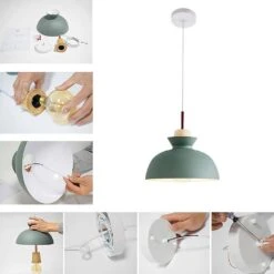 Potlid Scandinavian 1-Light Dome Pendant Light Green Barn Hanging Light With Wood Accent For Kitchen Island, Restaurant -Lamp Parts green huoku pendant lights pd1064051 4f 1000