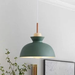 Potlid Scandinavian 1-Light Dome Pendant Light Green Barn Hanging Light With Wood Accent For Kitchen Island, Restaurant