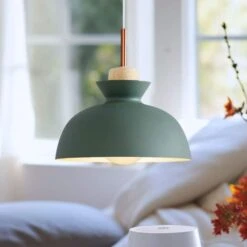 Potlid Scandinavian 1-Light Dome Pendant Light Green Barn Hanging Light With Wood Accent For Kitchen Island, Restaurant -Lamp Parts green huoku pendant lights pd1064051 77 1000