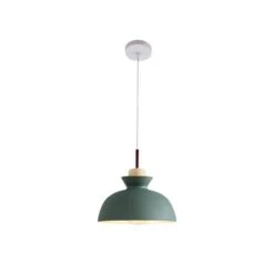 Potlid Scandinavian 1-Light Dome Pendant Light Green Barn Hanging Light With Wood Accent For Kitchen Island, Restaurant -Lamp Parts green huoku pendant lights pd1064051 d4 1000