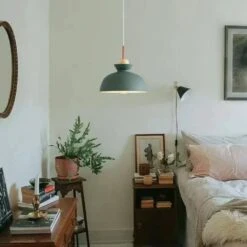 Potlid Scandinavian 1-Light Dome Pendant Light Green Barn Hanging Light With Wood Accent For Kitchen Island, Restaurant -Lamp Parts green huoku pendant lights pd1064051 fa 1000