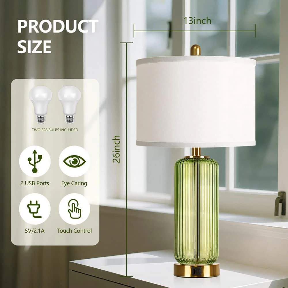 26'' Modern Green Glass Table Lamps Set Of 2,3-Way Dimmable Bedside Lamps With USB A+C Ports& Touch Control For Bedroom 7 26'' Modern Green Glass Table Lamps Set Of 2,3-Way Dimmable Bedside Lamps With USB A+C Ports& Touch Control For Bedroom - Image 5