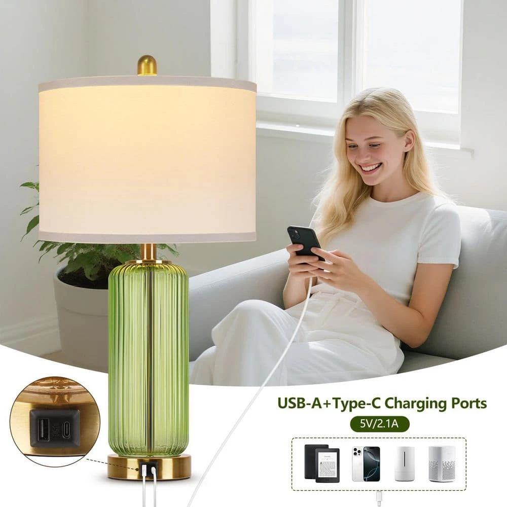 26'' Modern Green Glass Table Lamps Set Of 2,3-Way Dimmable Bedside Lamps With USB A+C Ports& Touch Control For Bedroom 10 26'' Modern Green Glass Table Lamps Set Of 2,3-Way Dimmable Bedside Lamps With USB A+C Ports& Touch Control For Bedroom - Image 8