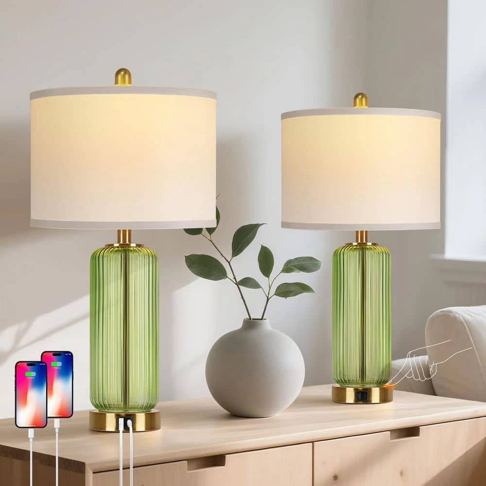 26'' Modern Green Glass Table Lamps Set Of 2,3-Way Dimmable Bedside Lamps With USB A+C Ports& Touch Control For Bedroom 8 26'' Modern Green Glass Table Lamps Set Of 2,3-Way Dimmable Bedside Lamps With USB A+C Ports& Touch Control For Bedroom - Image 6