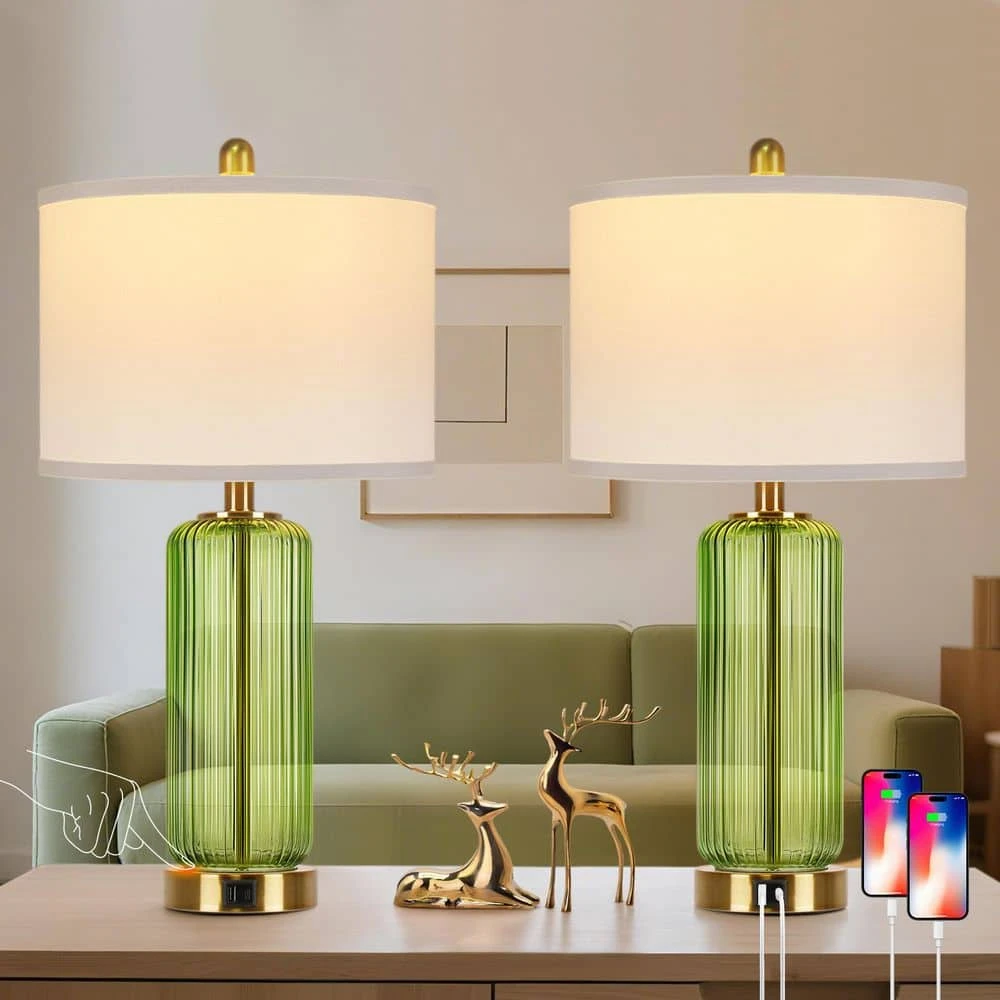 26'' Modern Green Glass Table Lamps Set Of 2,3-Way Dimmable Bedside Lamps With USB A+C Ports& Touch Control For Bedroom 4 26'' Modern Green Glass Table Lamps Set Of 2,3-Way Dimmable Bedside Lamps With USB A+C Ports& Touch Control For Bedroom - Image 2