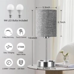 14.6 In. Grey Touch Table Lamps Set Of 2, Bedside Nightstand Lamps With USB Port And Power Outlet, 3 Way Dimmable -Lamp Parts grey rottogoon table lamps palp293ah2 1d 1000