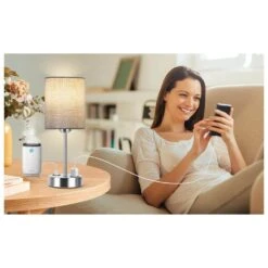 14.6 In. Grey Touch Table Lamps Set Of 2, Bedside Nightstand Lamps With USB Port And Power Outlet, 3 Way Dimmable -Lamp Parts grey rottogoon table lamps palp293ah2 31 1000