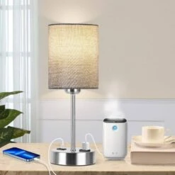 14.6 In. Grey Touch Table Lamps Set Of 2, Bedside Nightstand Lamps With USB Port And Power Outlet, 3 Way Dimmable -Lamp Parts grey rottogoon table lamps palp293ah2 4f 1000
