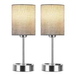 14.6 In. Grey Touch Table Lamps Set Of 2, Bedside Nightstand Lamps With USB Port And Power Outlet, 3 Way Dimmable