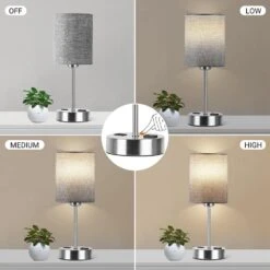 14.6 In. Grey Touch Table Lamps Set Of 2, Bedside Nightstand Lamps With USB Port And Power Outlet, 3 Way Dimmable -Lamp Parts grey rottogoon table lamps palp293ah2 66 1000