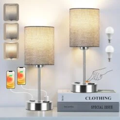 14.6 In. Grey Touch Table Lamps Set Of 2, Bedside Nightstand Lamps With USB Port And Power Outlet, 3 Way Dimmable -Lamp Parts grey rottogoon table lamps palp293ah2 c3 1000