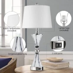 26 In Touch Control Table Lamp Set Of 2 , Coastal Grey White Glass Bedside Lamps With 2 USB Ports For Bedroom -Lamp Parts grey white glass rottogoon table lamps hmlp227ah2 d4 1000