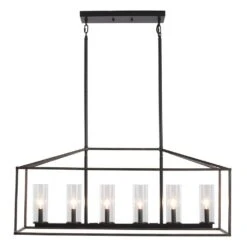 6-Light Imitation Wood Grain Square/Rectangle Pendant With Clear Glass, No Bulbs Included