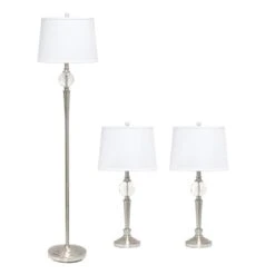 63 In. Brushed Nickel Torchiere Table And Floor Lamp Set With 2 Table Lamps And 1 Floor Lamp, (Set Of 3)